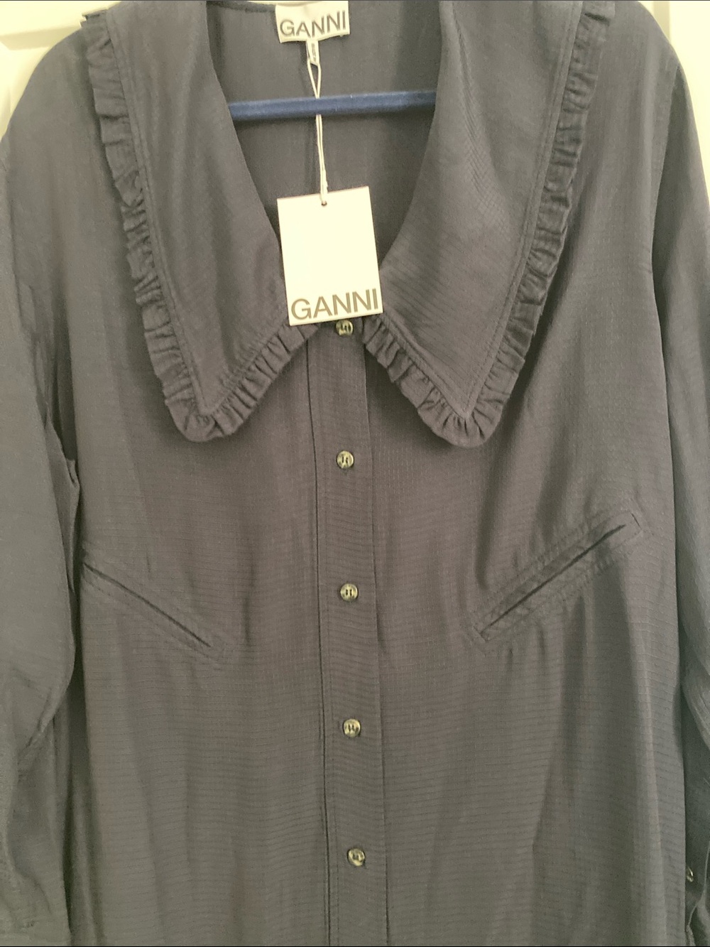 Ganni Ripstop Navy Button-Front Dress with Ruffle Collar - Picture 6 of 12